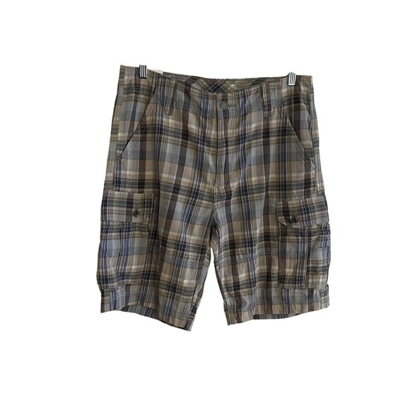 Levis Men 34 Blue/Tan Multicolor Plaid Relaxed Fit Sits at Knee Cargo Shorts NWT - Picture 1 of 12